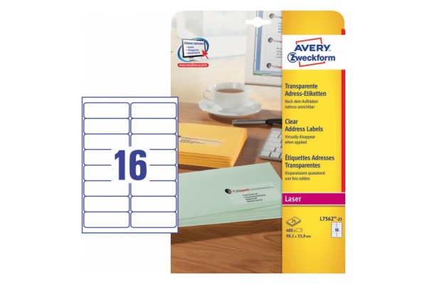 AVERY ZW. Adress-Etik. Laser 99,1x33,9mm L7562-25 transparent 400 St./16 Blatt