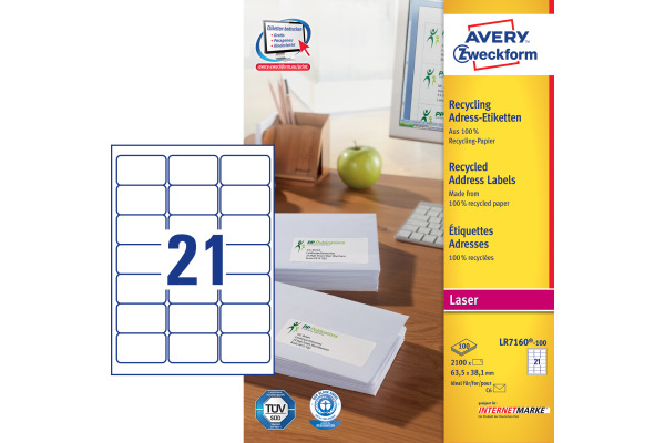 AVERY ZW. Adressetiketten 63,5x38,1mm LR7160100 recycling 2100 Stück